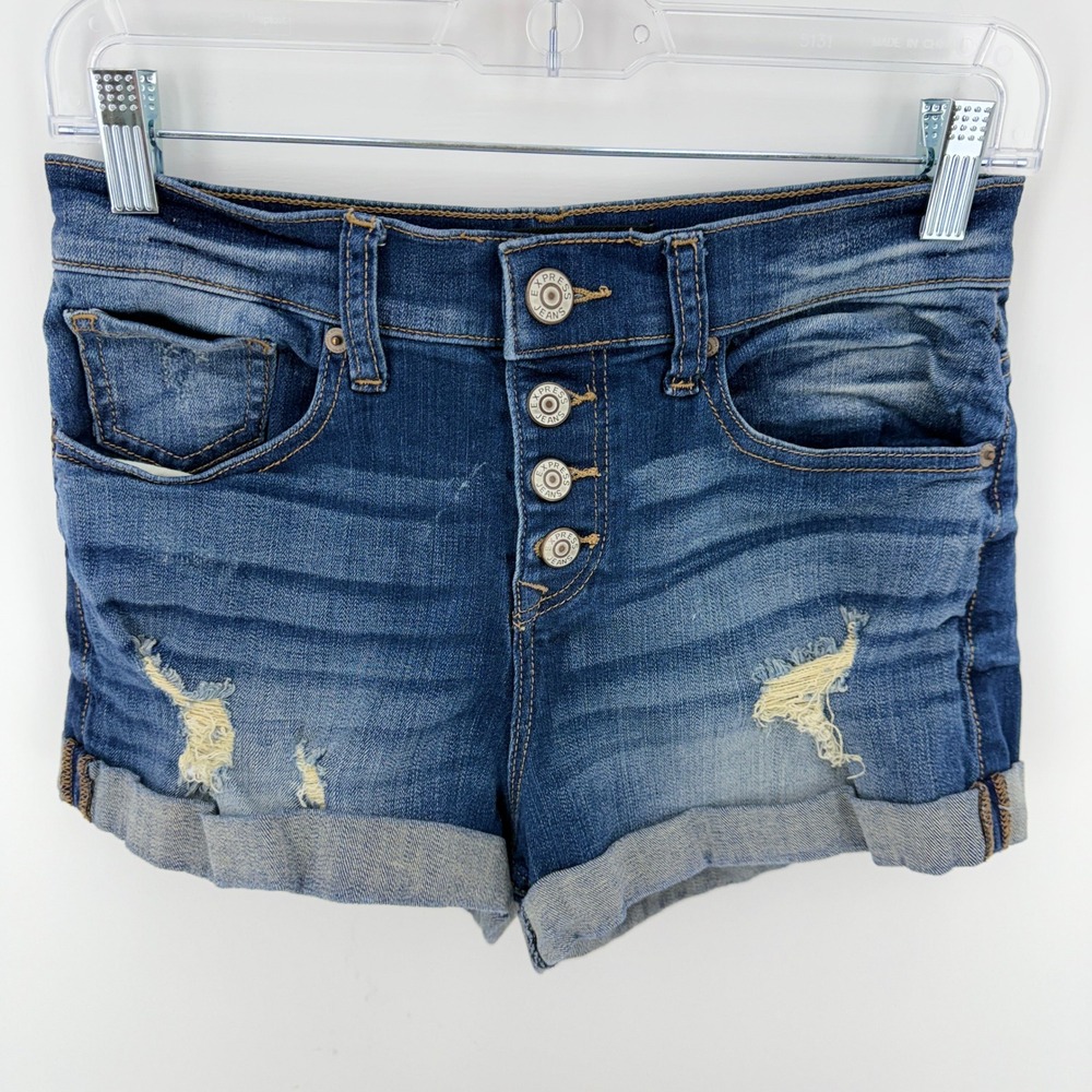 Express Jeans Womens Size 2 Button Fly Distressed Cuffed Denim‎ Shorts Blue
